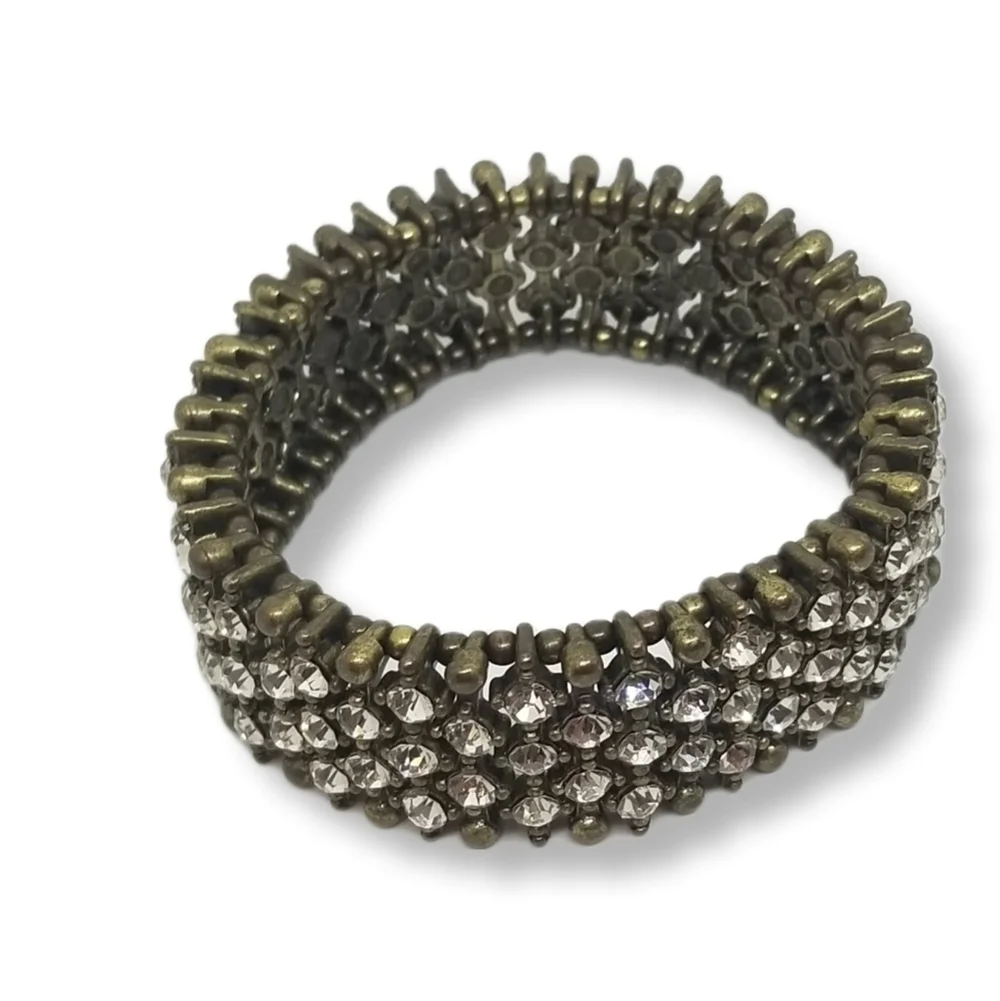 VINTAGE ANTIQUED BRASS & WHITE RHINESTONE MESH DESIGN STRETCH BRACELET